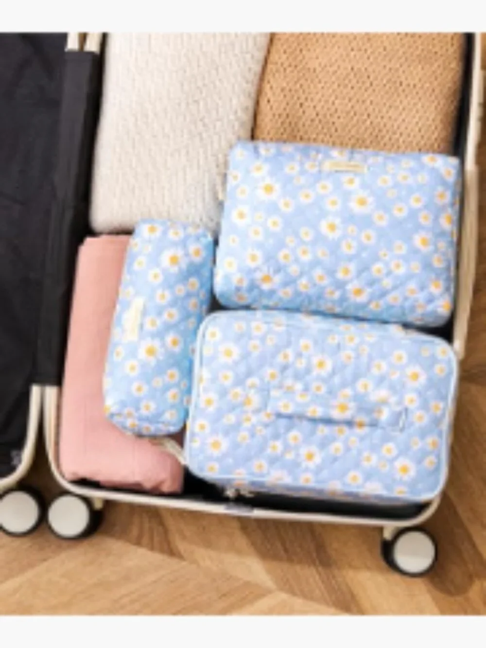 Quilted Cotton Makeup Bag Set 3pc Floral Travel Cosmetic Organizer Toiletry_3